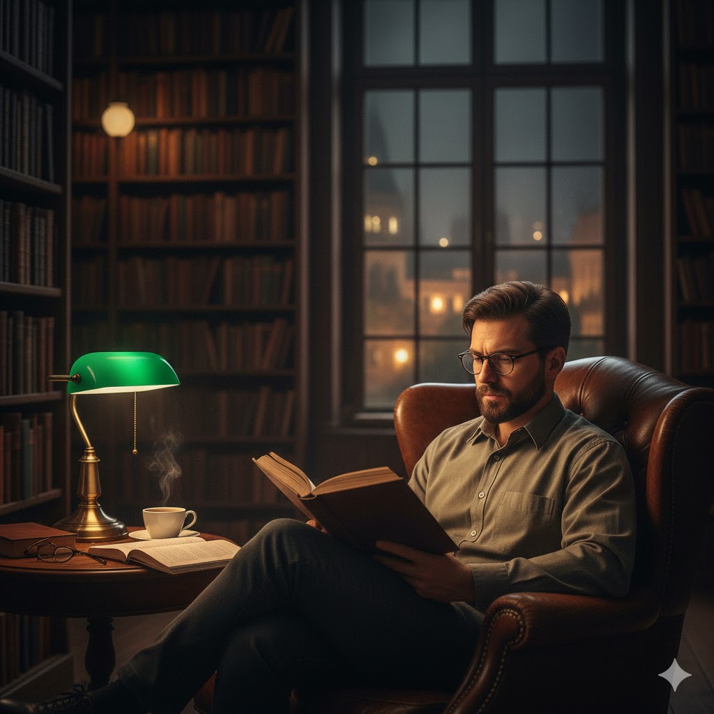 Băbat citind o carte într-o bibliotecă luminată, simbolizânddialogul interior și introspecția.
